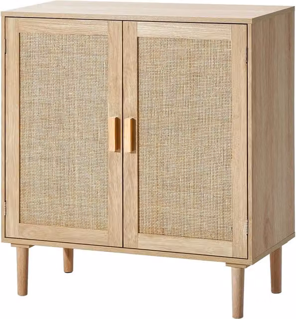 Mobile buffet credenza in rattan naturale con 2 ante magnetiche e ripiani regolabili per soggiorno e ingresso, 800 x 375 x 880 mm