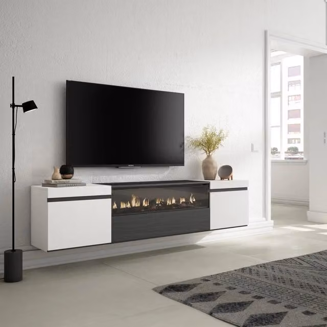 Mobile TV, 200x35x45cm, soggiorno, Per TV fino a 80", Camino elettrico, da appendere, Bianco e nero RF2207
