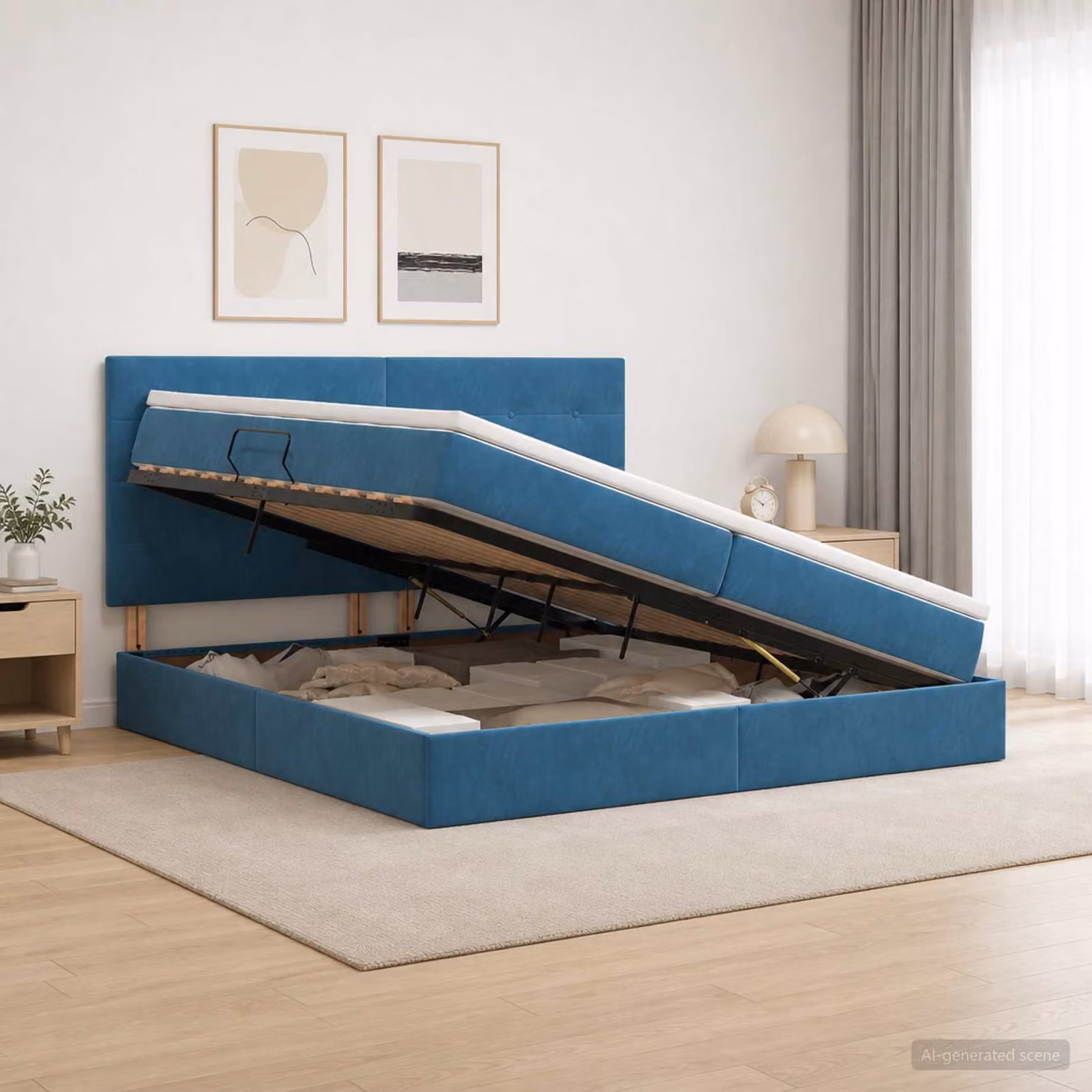 Letto con contenitore e materasso vidaXL in velluto Blu, moderno, con base a sollevamento e porta USB, L/P/H: 200 x 200 x 140 cm