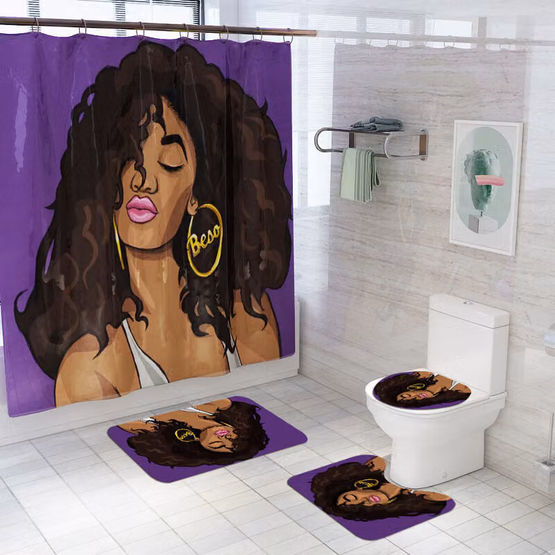set di tappetini per il bagno da 4 pezzi Tappeto a zoccolo Coprire la toilette Tenda da doccia senza scivolo - Tipo A