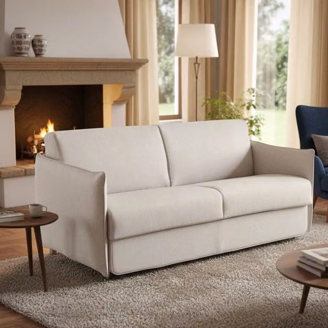 Divano Letto 2 Posti Follina DMORA Beige con Rivestimento Sfoderabile e Struttura in Legno Massello