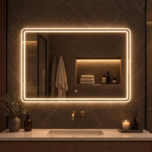 Specchio rettangolare con doppia cornice OGOMONDO, luce LED dimmerabile e interruttore touch, nero, L: 90 cm, H: 70 cm