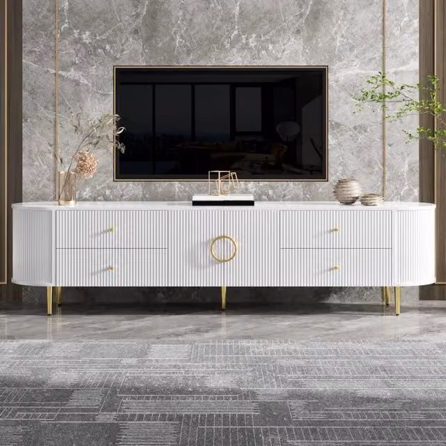 Mobile TV con ante a onde tridimensionali e cassetti; 180x40x38 cm; MDF bianco