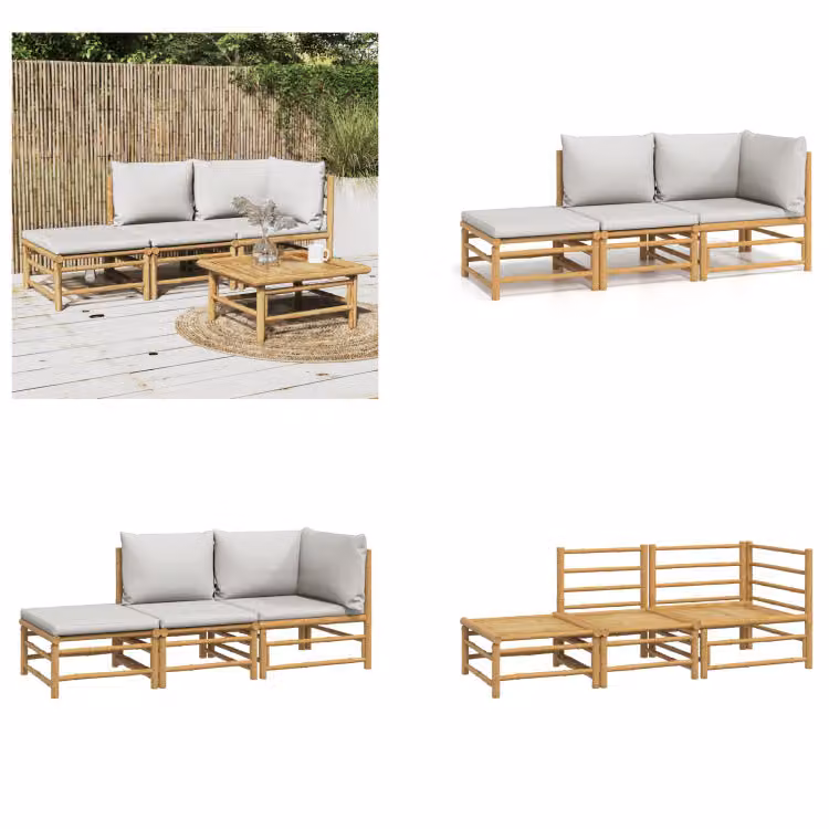 vidaXL Set da salotto da giardino in 3 pezzi con cuscini grigio chiaro in bambù - Set da salotto da giardino - Set da salotto - Set da arredo da giardino