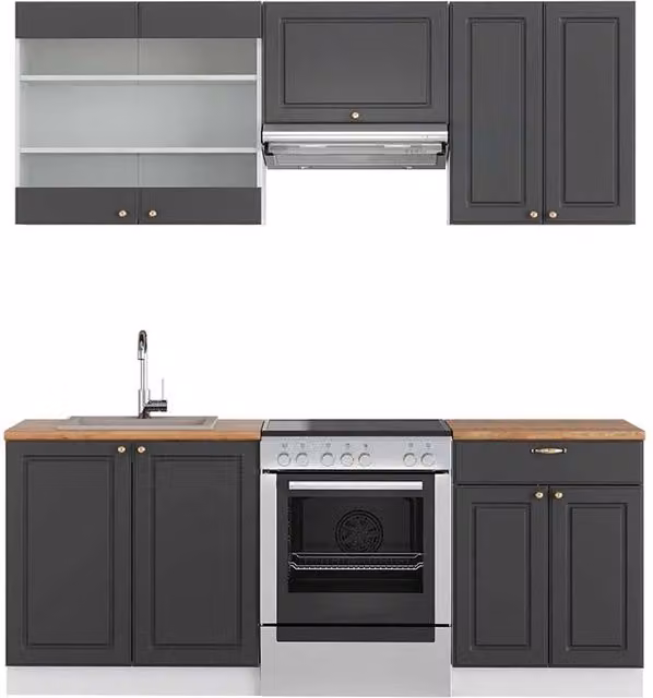 Cucina componibile Fame-Line Vicco moderna in MDF e metallo, colore Antracite-oro/Bianco con dettagli Rovere, L: 200 cm