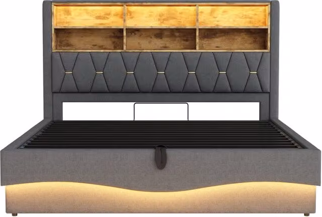 Letto imbottito 180x200 cm con contenitore idraulico, illuminazione LED controllata via app, struttura in metallo e rivestimento in lino grigio
