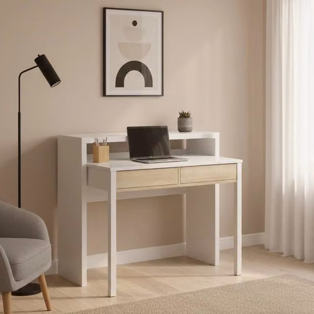 Scrivania Consolle Andriy DMORA con piano estensibile e 2 cassetti, Bianco e Rovere, L: 99 cm, P: 36 cm, H: 88 cm