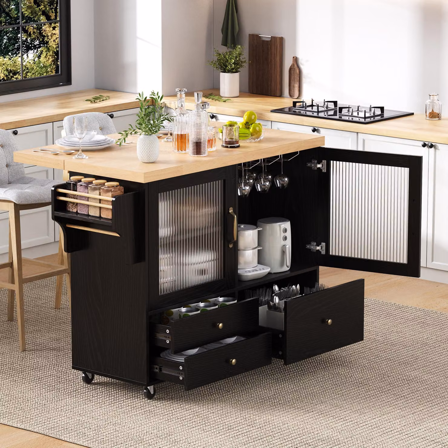 Isola da cucina STILVORA con ruote e tavolo da pranzo estensibile. Carrello da cucina. Carrello da cucina con portabicchieri e spazio di stoccaggio. Mobile da cucina ideale per cucina e sala da pranzo (nero), dimensioni 100×70×91,5 cm
