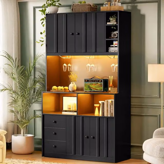 Armadio da cucina alto 180 cm con LED, presa elettrica, vetrina e porta vino per cucina e sala da pranzo