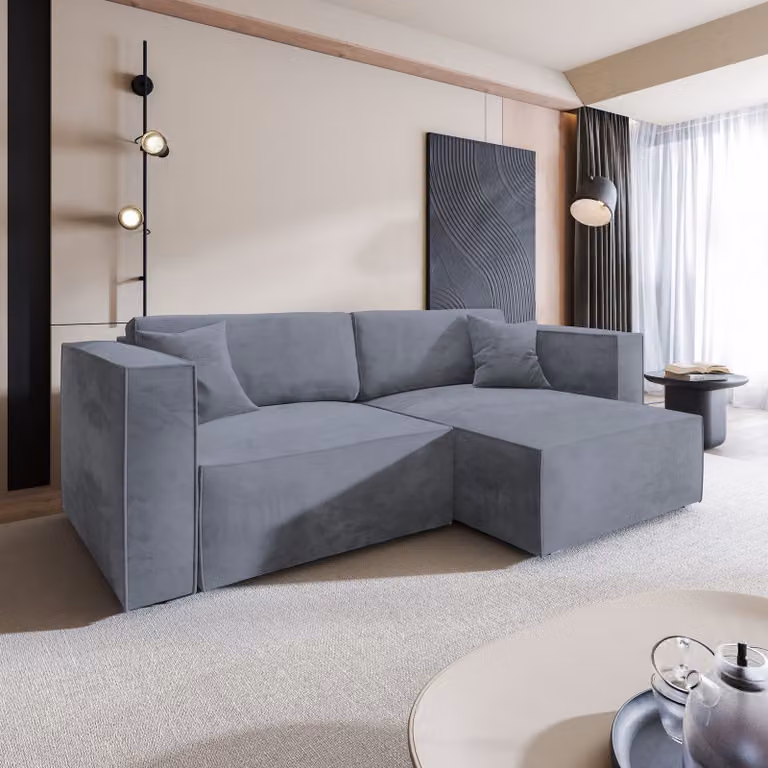 Divano angolare NERIO M di Masseno con funzione letto a L, divano con box letto, divano da soggiorno, divano, divano letto, set di divani - grigio, MONOLITH 85