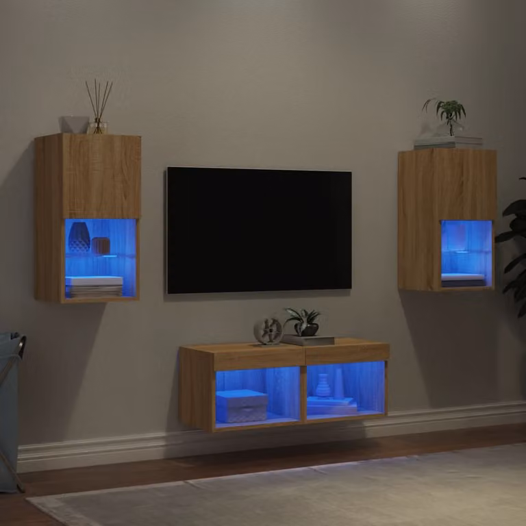 Set di mobili TV da parete vidaXL in 4 pezzi con luci LED integrate, design moderno in rovere con finitura opaca, colore beige e marrone