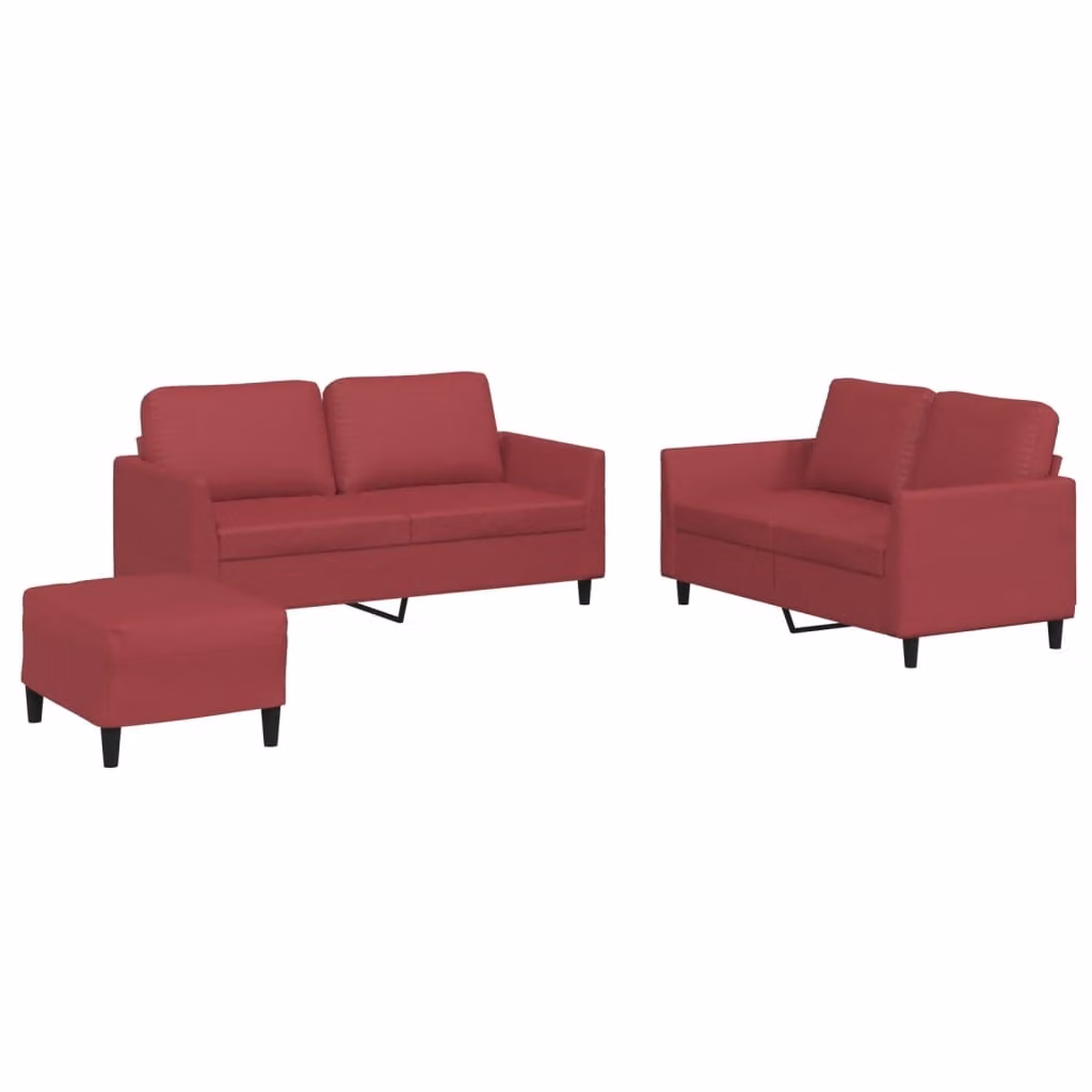 Set di Divani 3 pz con Cuscini Rosso Vino in Pelle finta