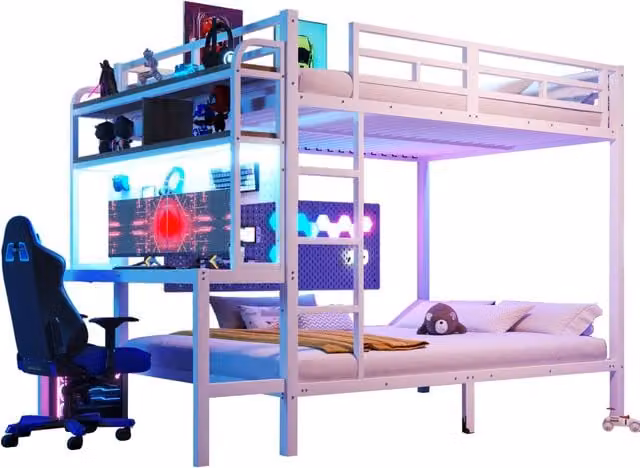 Letto a castello 140×200 cm con LED; USB; scrivania; ripiani; scala e sponda; senza materasso
