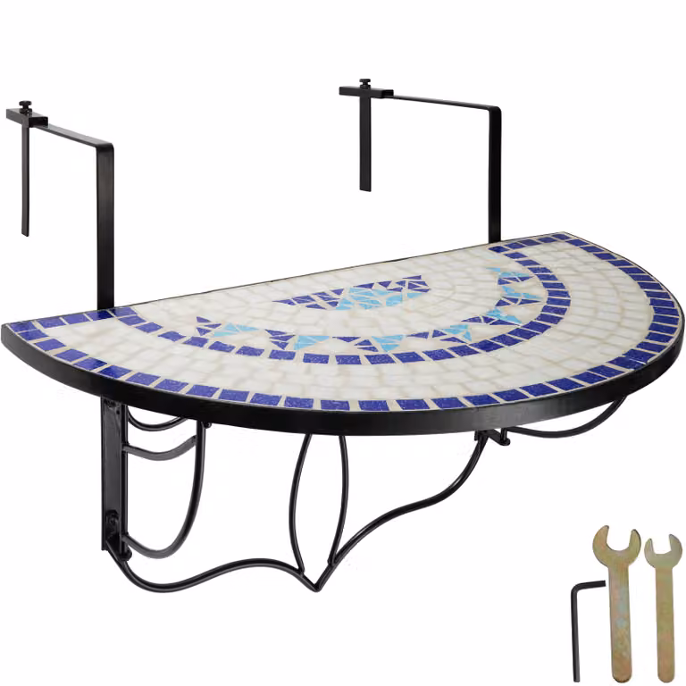 Tavolino da esterno TecTake con decorazione a mosaico mediterraneo, piano ribaltabile, L/P/H: 75 x 65 x 62 cm - bianco/blu