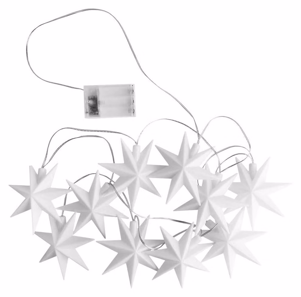 Catena luminosa a LED a forma di stelle, 10 stelle bianche di diametro 12 cm, luce bianco caldo, con timer