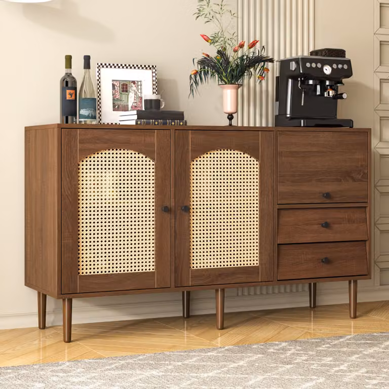 Cassettiera Merax in rattan con 3 ante e 2 cassetti, cassettiera antica in stile rustico in legno e rattan, L/H/D:130/76/41 cm