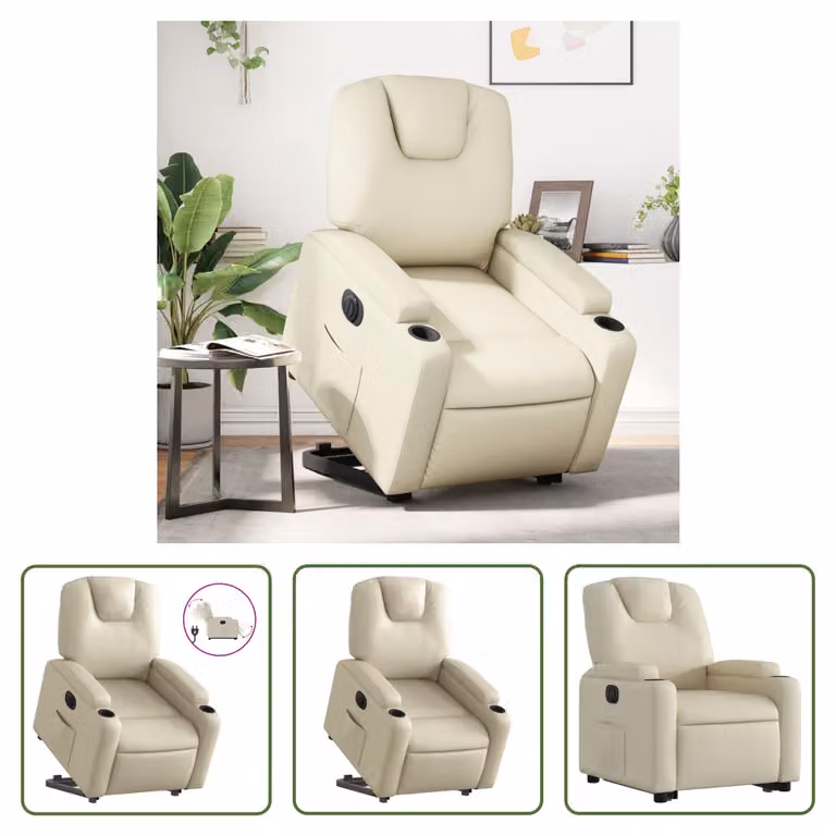 The Living Store Poltrona relax con supporto elettrico in Pelle finta color crema