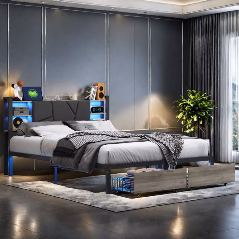 UnboxG Letto imbottito 160x200, letto matrimoniale a LED con funzione di ricarica USB tipo C e 2 cassetti, letto giovanile letto contenitore letto funzionale letto con schienale letto con rete a doghe in legno, PU