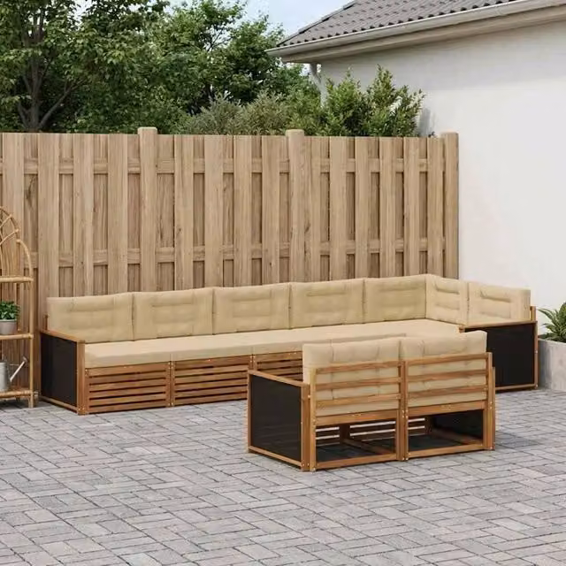 Set di divani da esterno a forma di U vidaXL in legno di acacia con cuscini, colore beige e marrone