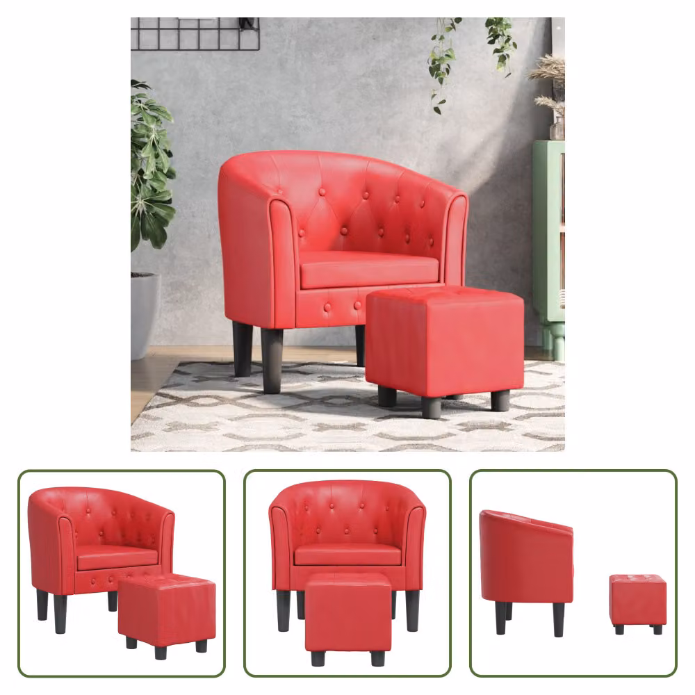 The Living Store Sedia club con poggiapiedi in ecopelle rossa