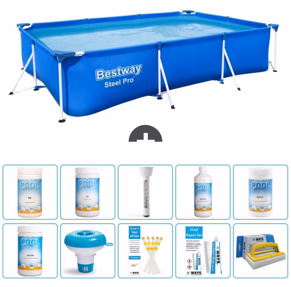 Piscina in acciaio rettangolare - 300 x 201 x 66 cm - Blu - Include: generatore di cloro, kit di test, kit di riparazione, spazzola per la pulizia, misuratore di pH, termometro