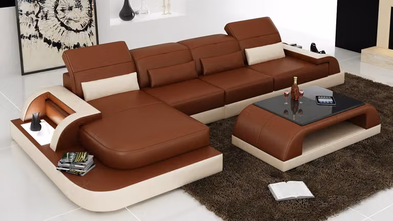 Braune L-Form Sofa Couch Polster Garnitur Wohnlandschaft Design Ecksofa Leder
