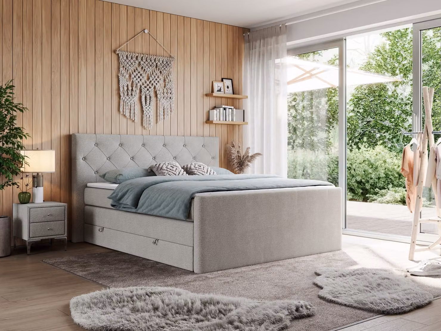 Letto matrimoniale con materasso Multipocket e coprimaterasso, letto boxspring con cassetti - KING VELEN - 180x200 cm - Beige - H3