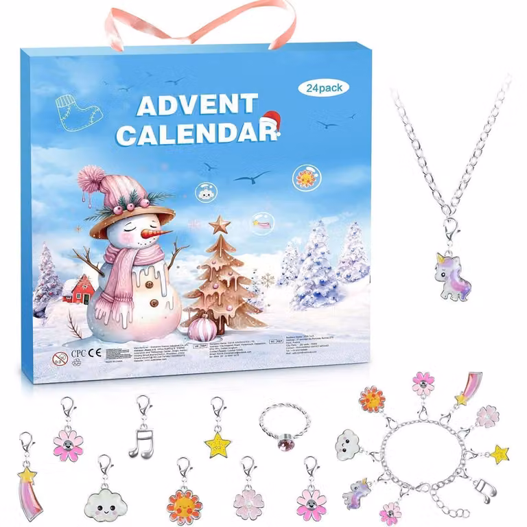 Calendario dell'Avvento per bambini, ragazze, gioielli, 24 pezzi, braccialetto e collana, colore blu
