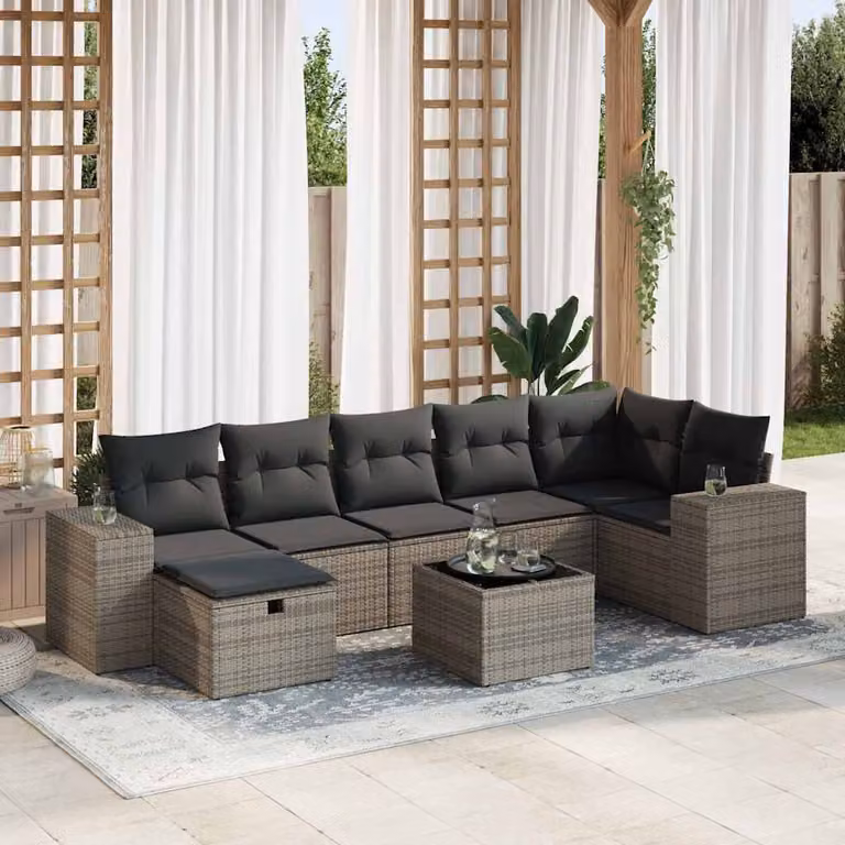 Set Divano da Giardino vidaXL 8 pz in Polyrattan Grigio con Cuscini e Tavolino