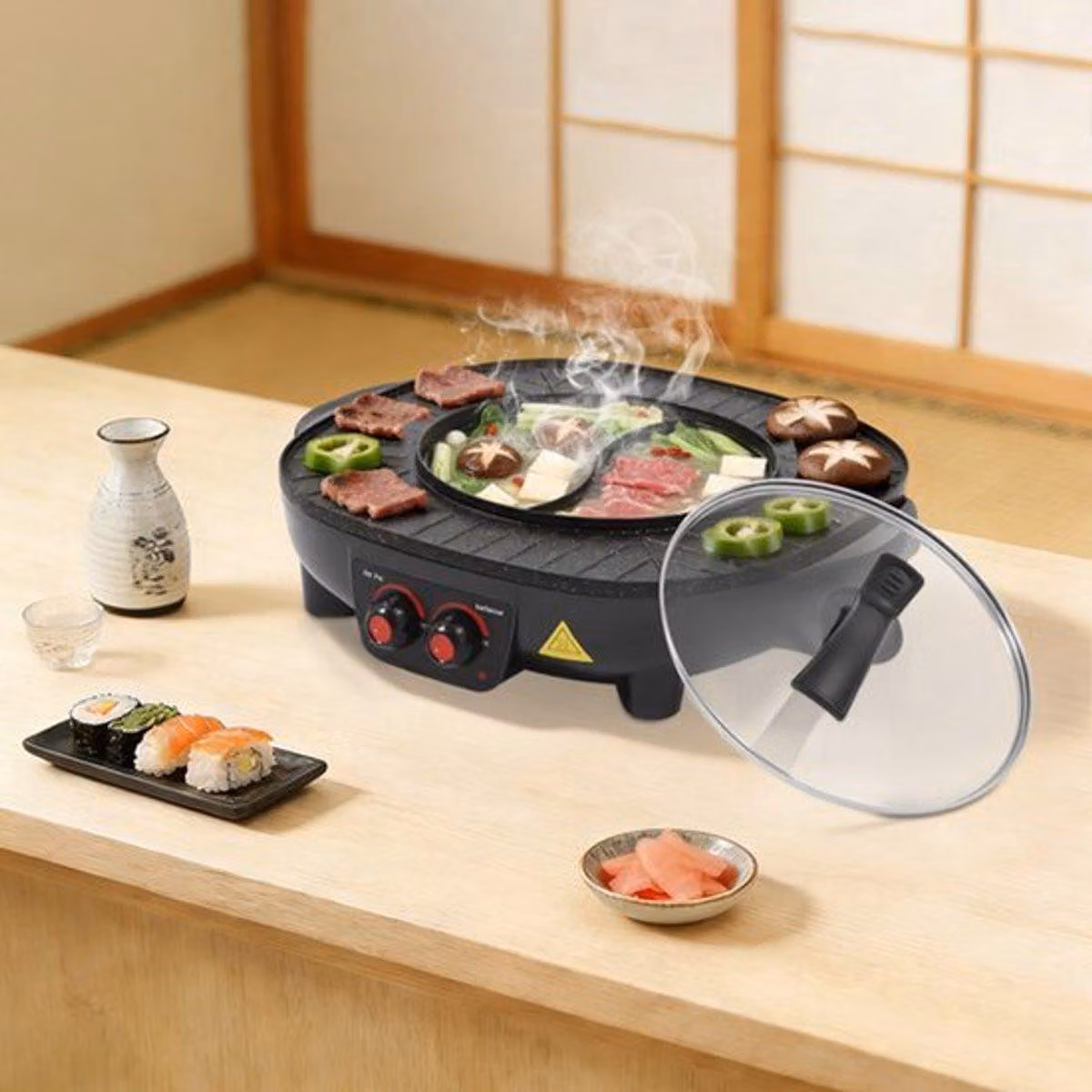 Barbecue elettrico - 2100 W - Hot pot e griglia - Alluminio - Nero - Adatto per interni ed esterni