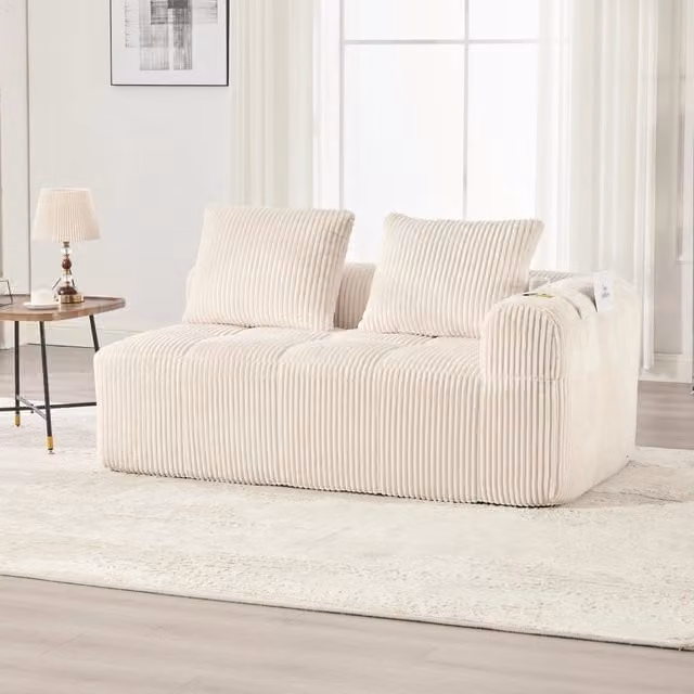 Divano Mivray moderno in velluto a righe beige con portabevande integrati per soggiorno e camera da letto