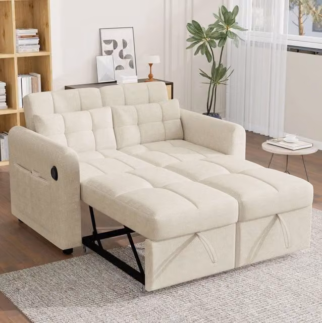 Divano letto 3 in 1 a 2 posti; trasformabile in L; schienale regolabile; USB; effetto lino beige