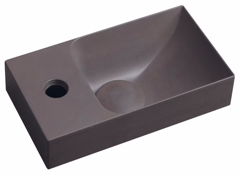Lavabo PICCOLINO in cemento 30,8x10x17cm, foro per rubinetto a sinistra, marrone scuro
