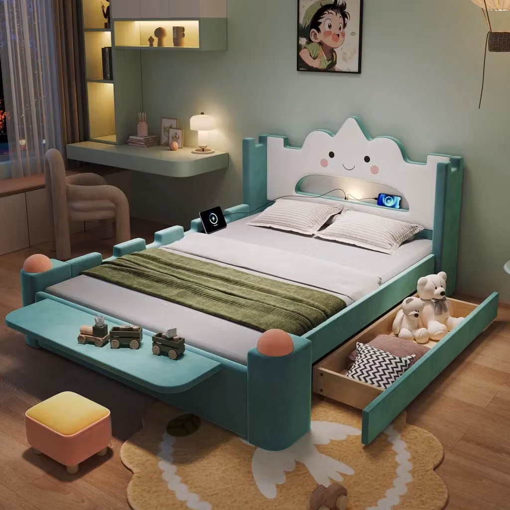 Letto matrimoniale Mivray rivestito in velluto blu e verde con cassetto, testiera a nuvola con LED, porta USB e illuminazione sottostante, L/P: 140 x 200 cm – 2
