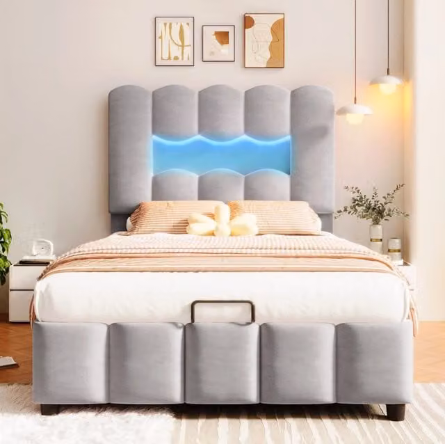 Letto imbottito 90x200 cm con luci LED, base con contenitore idraulico e testiera regolabile in velluto grigio
