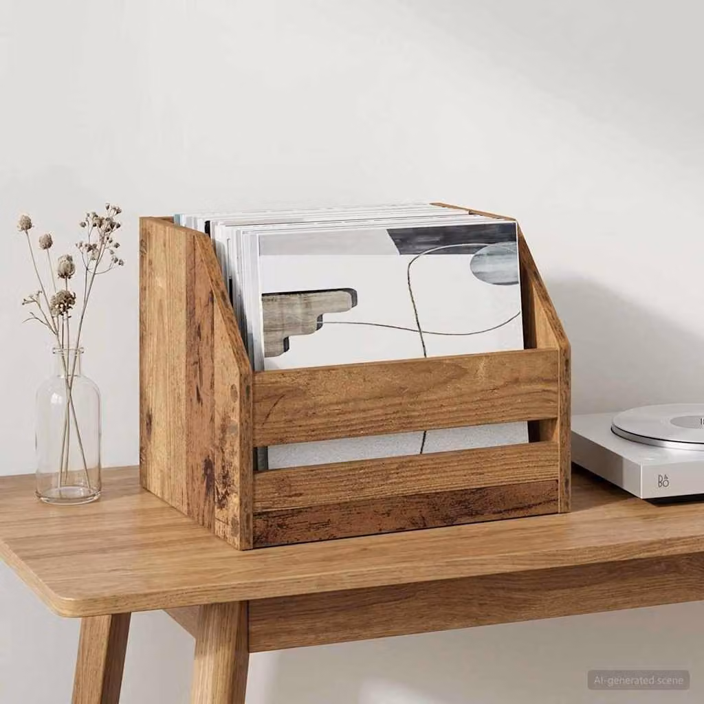 Scatola per album in vinile vidaXL in legno antico, colore marrone, L 38 cm x P 30 cm x H 29 cm