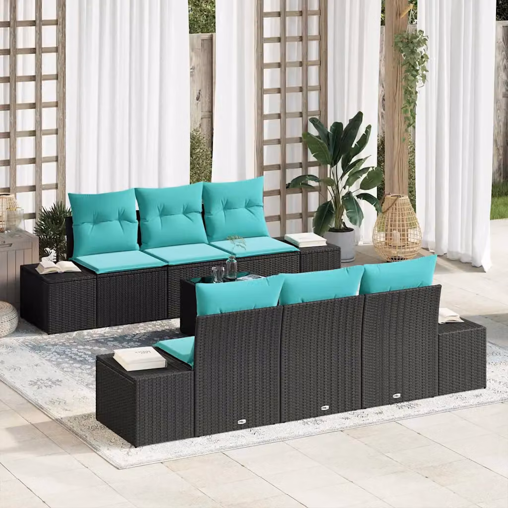 Set Divano da Giardino vidaXL 8 Pezzi Moderno in Polyrattan con Cuscini Nero e Turchese