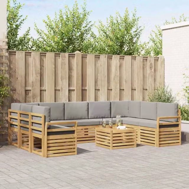 Set di divani da esterno vidaXL a forma di L con tavolino da caffè, struttura in legno di acacia e cuscini inclusi, Bianco e Grigio – 1
