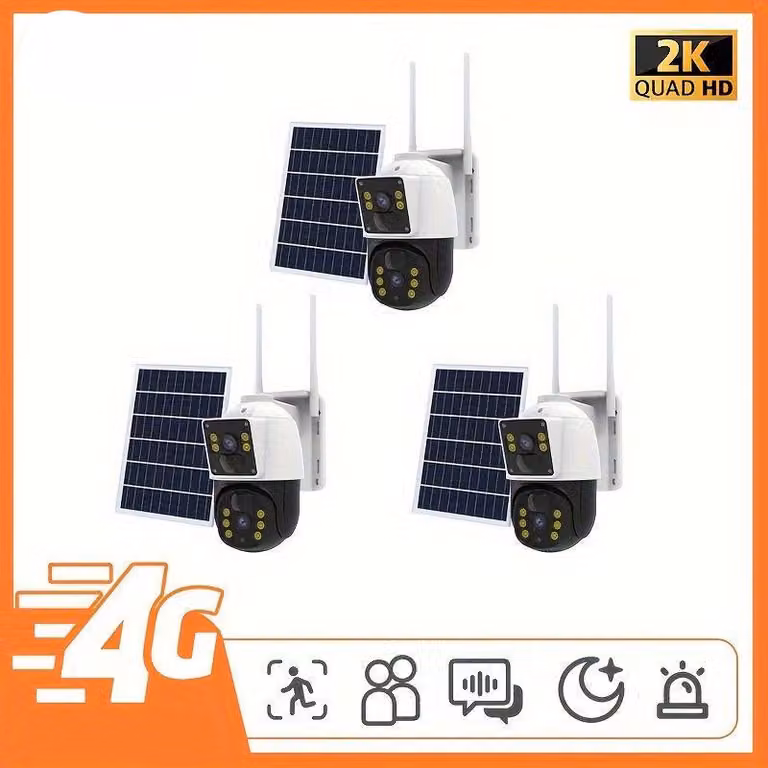 Kit di 3 telecamere di sicurezza wireless per esterni - Telecamere IP senza Wi-Fi con risoluzione 2K HD, compatibili con rete 4G e dotate di pannello solare