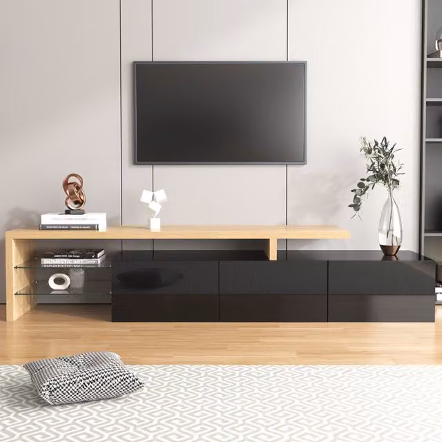 Mobile TV Moderno Aosom con Illuminazione LED e Ripiani in Vetro, Nero Lucido ed Effetto Legno, L: 197,5 cm, P: 39,0 cm, H: 42,0 cm – 1