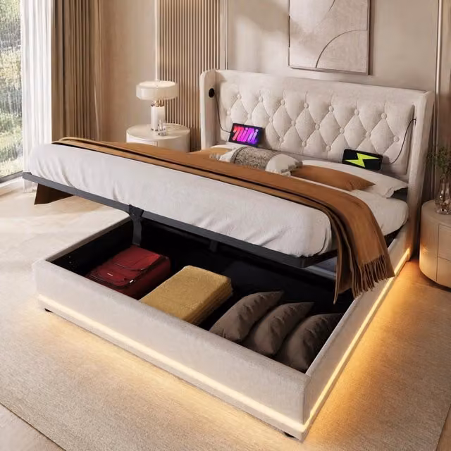 Letto matrimoniale REDOM beige in tessuto con base contenitore a sollevamento, illuminazione sottostante e porta USB, L/P/H: 160 x 200 x 101 cm