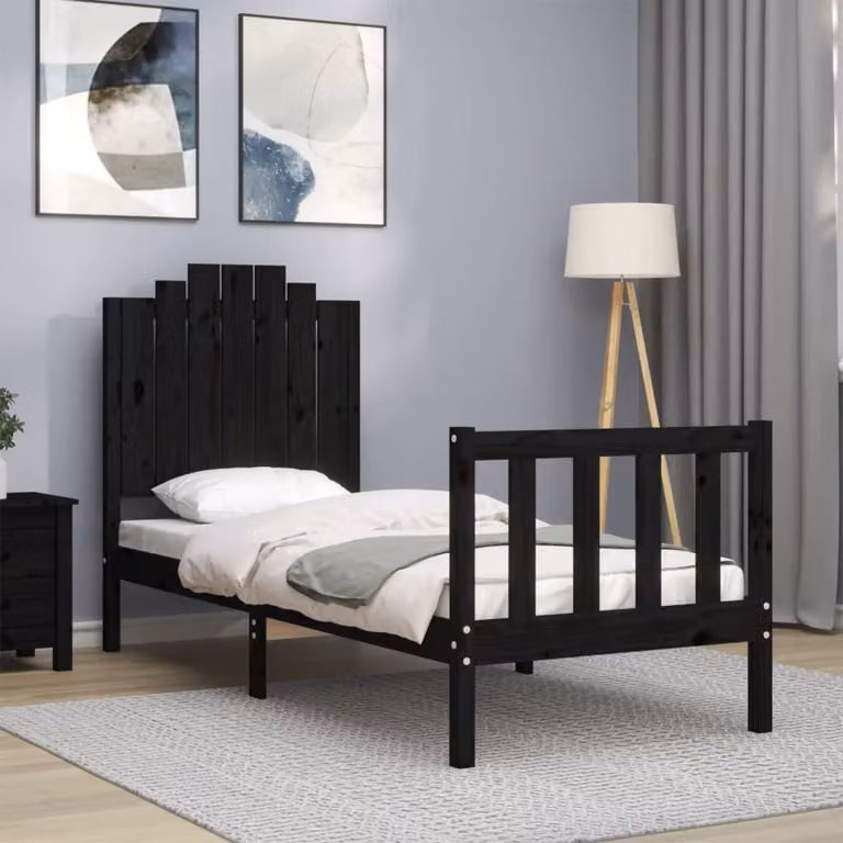 vidaXL Giroletto con Testiera in Legno Massello di Pino Nero Small Single L 90 x P 195.5 x H 80.5 cm