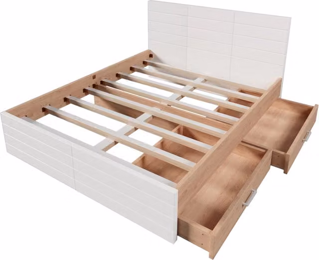 Letto matrimoniale in legno con 2 cassetti 180x200 cm, struttura bianco e rovere, con rete a doghe, senza materasso