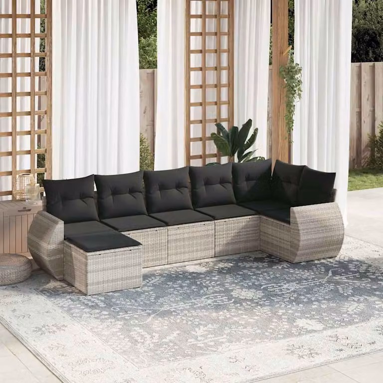 vidaXL Set Divani da Giardino a L 7 Pezzi con Cuscini Grigio Moderno in Polyrattan e Acciaio