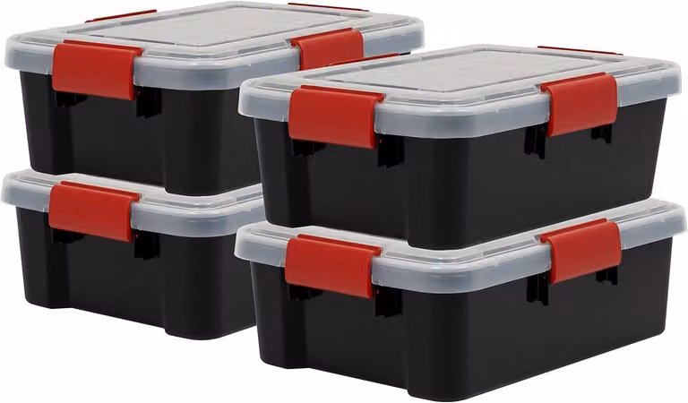 Contenitori di plastica ermetici per alimenti, marca Iris Ohyama, capacità 10 litri, set da 4, colore nero. Chiusura ermetica e impermeabile, chiusure a scatto robuste, impilabili, protezione dalla polvere, senza BPA, modello AT-S