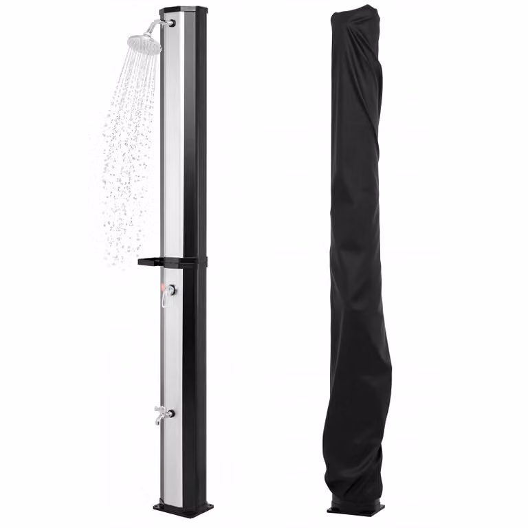 Doccia solare COSTWAY da 60 litri con copertura, doccia da giardino con ripiano, soffione a pioggia e rubinetto, acqua calda fino a 60 °C, doccia da piscina senza allacciamento elettrico