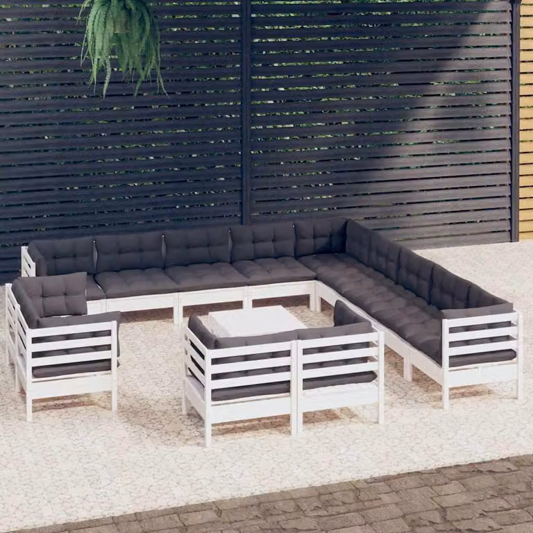 Set di divani da giardino vidaXL a forma di U composto da 14 pezzi in legno di pino con cuscini bianchi e antracite