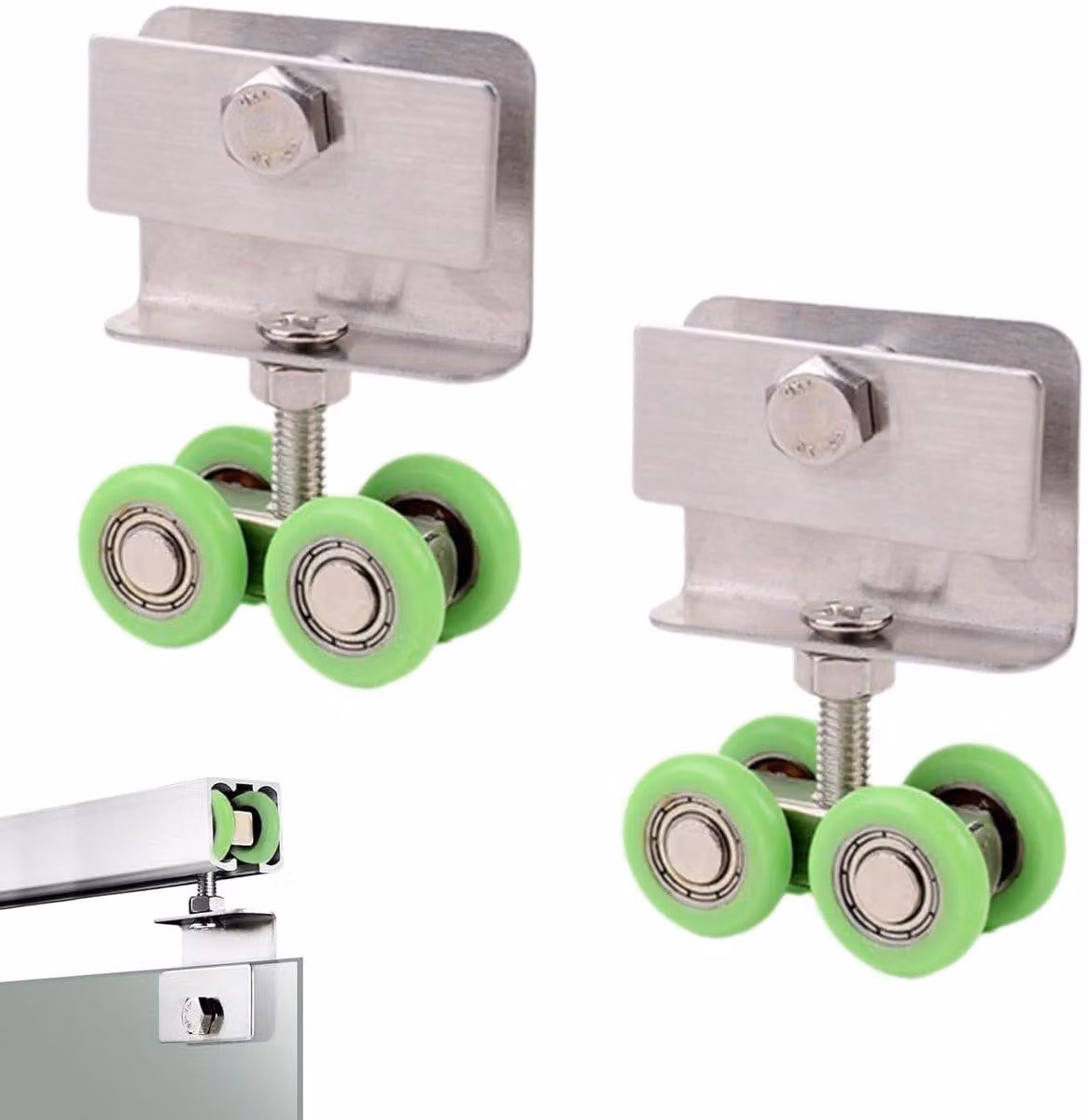 Set di 2 rulli per porte scorrevoli di box doccia – asse in acciaio, per porte in vetro, ruote per box doccia e guide