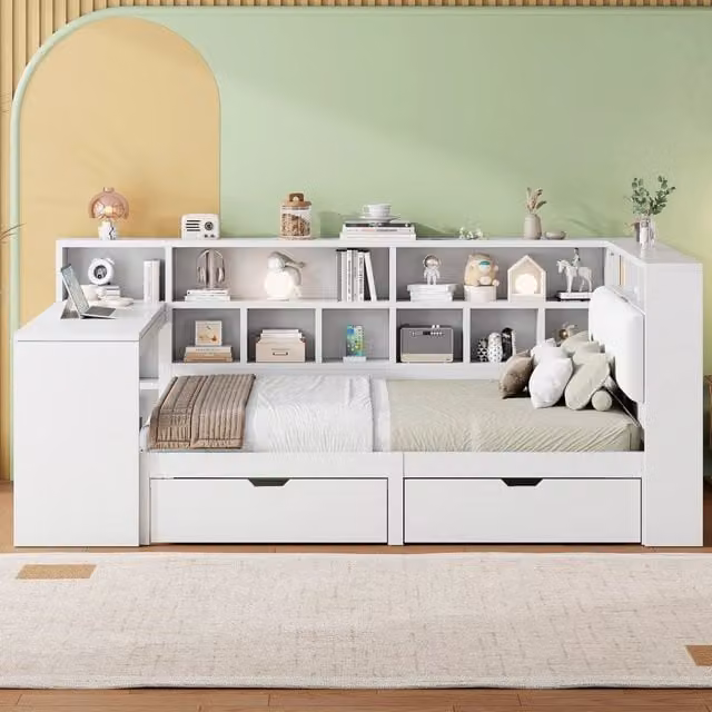 Letto a piattaforma 140x200 cm ad angolo con scrivania; libreria; cassetti; testiera imbottita e LED; bianco