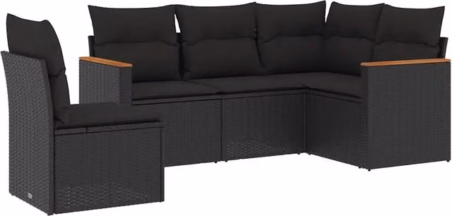 Set Salotto da Giardino a L in Polyrattan Nero con Cuscini e Struttura in Metallo e Legno di Acacia